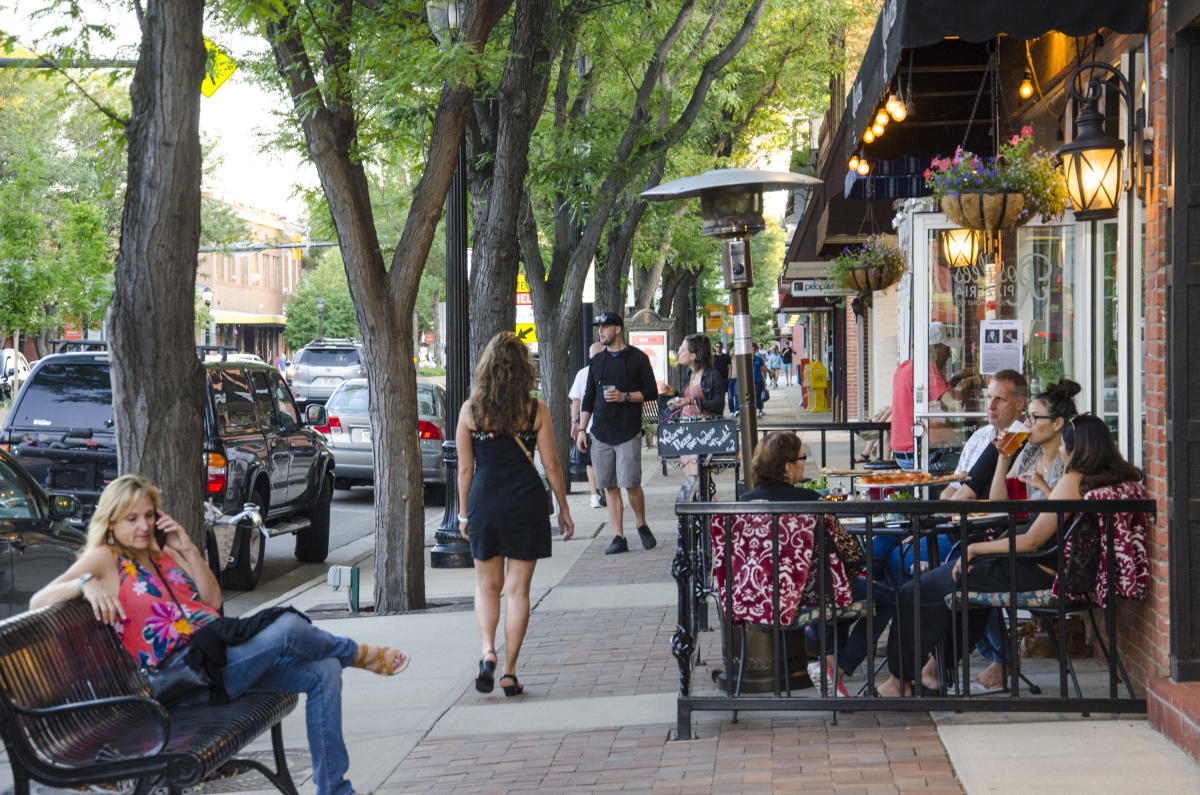 Downtown Longmont sidewalk and restaurants